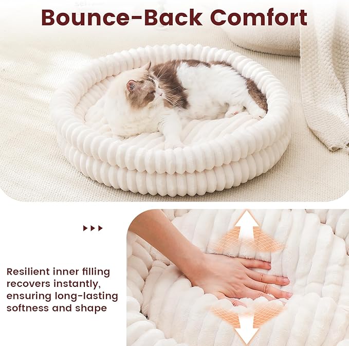 Extra Large Fluffy Cat Beds for Indoor Cats, Washable Round Orthopedic Dog Bed for Small Medium Dogs, Soft Fuzzy Pet Bed with Non-Slip Bottom, Cute Kitten Bed, 27.6x27.6x6.3 in, White
