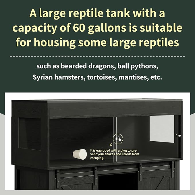 60 Gallon Reptile Terrarium with Stand, Terrarium Enclosure with Acrylic Doors, Storage Cabinet with Barn Door, Mesh Lid & Power Outlet – Vivarium Habitat for Medium Reptiles Black PX05RTB