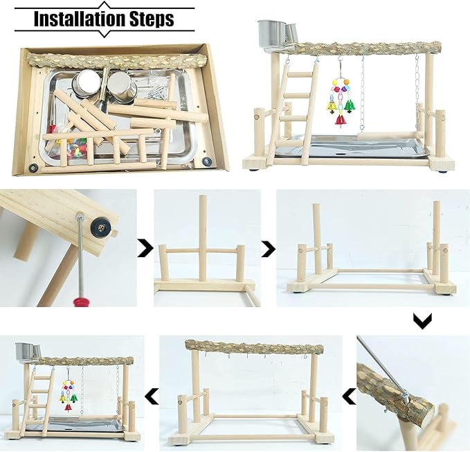 PINVNBY Bird Playground Parrot Playstand Birds Play Stand Wood Exercise Perch Gym Stand Playpen Ladder with Feeder Cups Hanging Swing Toys for Parakeet Conure Cockatiel Budgie Cage Accessories
