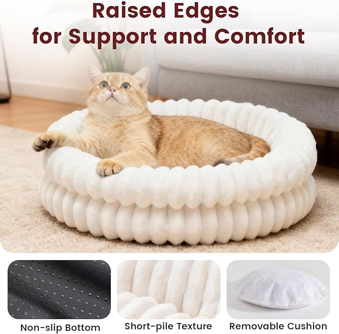 Fluffy Cat Beds for Indoor Cats, Washable Round Orthopedic Kitten Bed, Ultimate Soft Fuzzy Pet Bed for Small Dogs with Non-Slip Bottom, 19.7x19.7x6.3 in, White