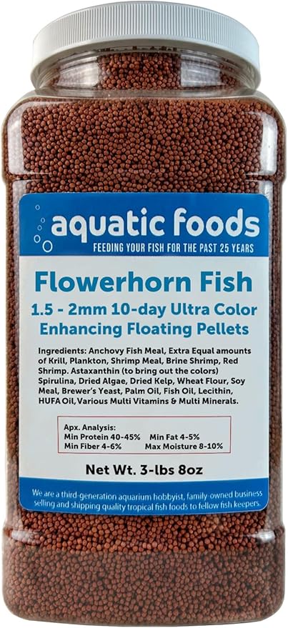 Aquatic Foods Inc. Flowerhorn Fish Ultra Red Color Enhancing 1.5mm-2mm Floating Pellets. Color Enhancing in 10-Days for Baby, Juvenile and Adult Flowerhorn…3-lbs 8oz Large Jar