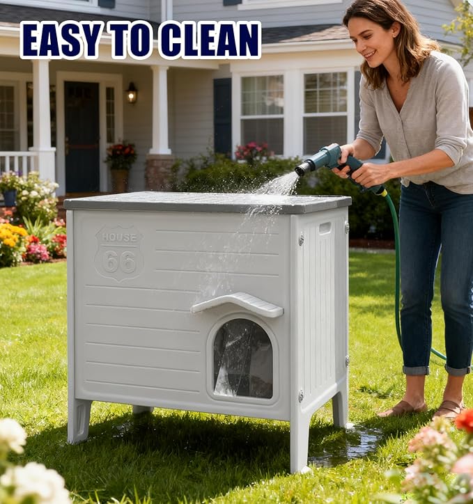 Outdoor Cat House with Insulated Liner, Plastic Cat House Weatherproof Cat Shelter,Easy to Assemble(Winter-Ready)