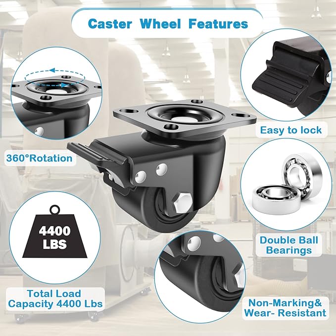 Nefish 3-Inch Heavy Duty Casters Set of 4, Industrial Grade Casters Wheels 4400 LBS, Low Gravity Plate Swivel Caster with Brake, Durable & Corrosion-Resistant Nylon Wheels for Industrial, Machine