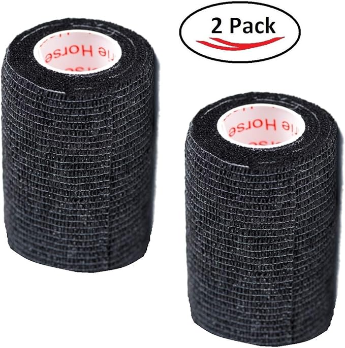 Vet Wrap Tape (Black) (2 Pack) (3 Inch x 15 feet) Self Adhesive Adherent Adhering Cohesive Flex Self Stick Bandage Grip Roll Dog Cat Pet Horse