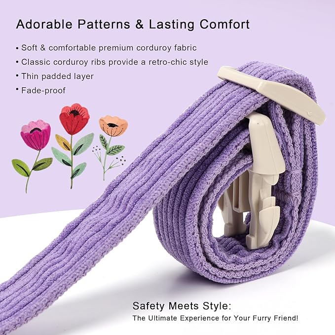 Cute Corduroy Dog Collar - Lavender Adjustable Dog Collars for Medium Dogs 25-50lbs, Fade-Proof with Secure Snap & Little Charm, Christmas Birthday Gift, M