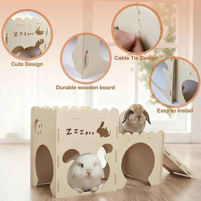 Large Rabbit Castles,Bunny Castle,Wooden Bunny House,Detachable Hamster Hideaway, Indoor Guinea Pig Castle with Ramp, Small Animal Houses & Habitats