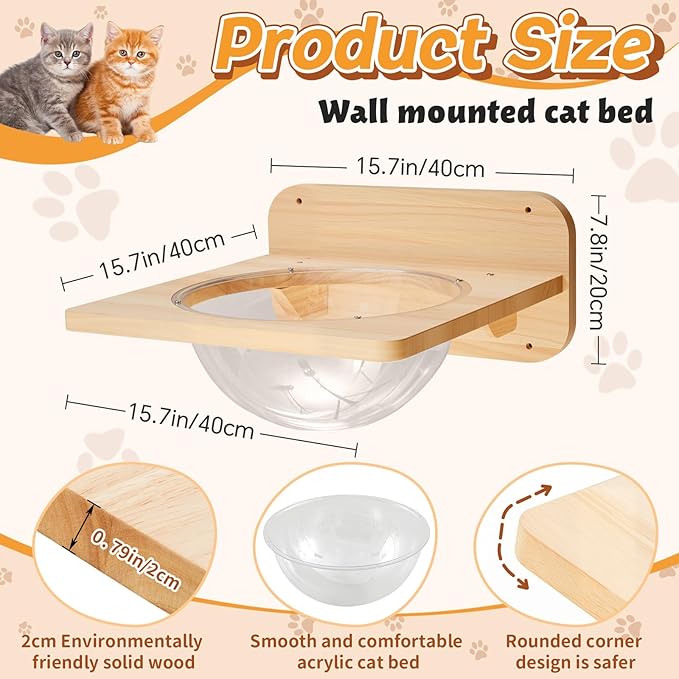 3 Pcs Cat Wall Shelves Set, Thicken Wooden Transparent Capsule Kitten Shelves Bed with 2 Pcs Pedals, Cat Climbing Wall Furniture Set for Sleeping Playing Climbing - Easily Holds up to 35 Lbs