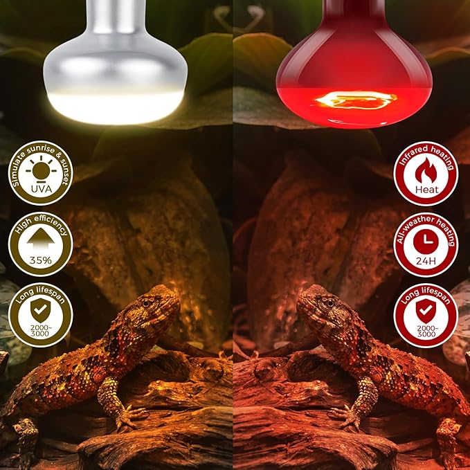 Reptile Heat Lamp Bulb 100W, 2-in-1 Day & Night Combo, Infrared Heat Lamp & UVA Sunlight Heating Lamp for Reptile Terrariums