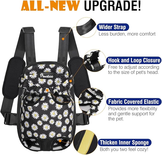 Pawaboo Adjustable Dog Carrier Purses, Pet Front Cat Travel Bag Dog Carrier Purses for Traveling Hiking Camping, Legs Out, Easy-Fit for Small Medium Dogs, M, Black Daisy