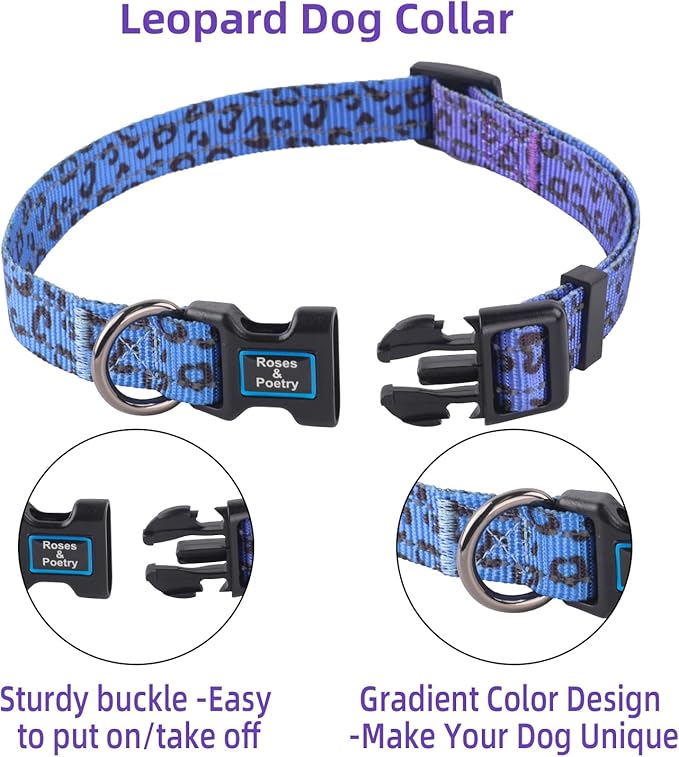 Roses&Poetry Small Dog Collar, Cute Leopard Style Adjustable Reflective Puppy Collars Durable Pet Collars for Small Medium Large Dogs(Violet-Leopard S)