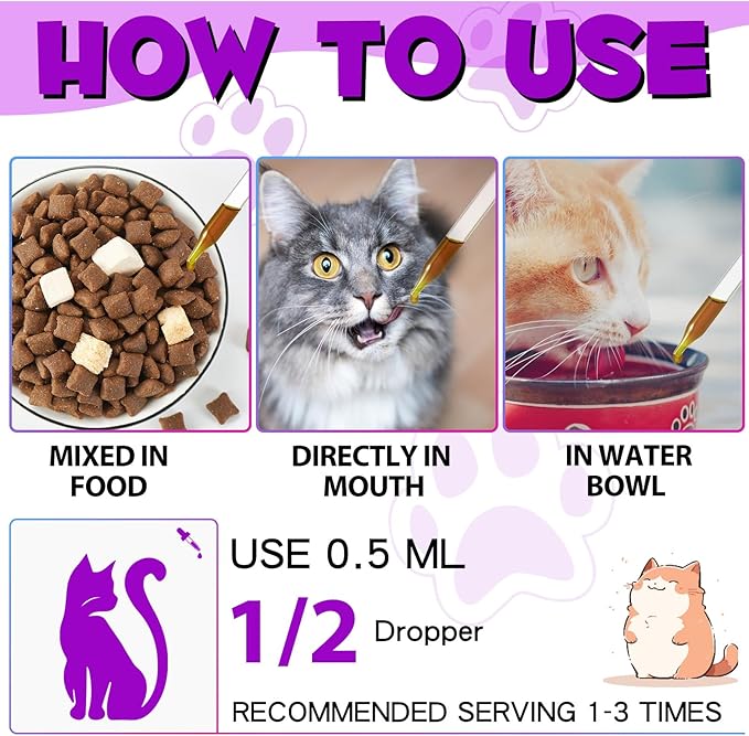 Cat Vitamins, 15 in 1 Cat Multivitamin Liquid Drops, Cats Vitamins and Supplements with Glucosamine and Probiotics, Vitamin for Cats Skin Coat, Immunity, Gut Digestion, Joint, Heart, 60ML