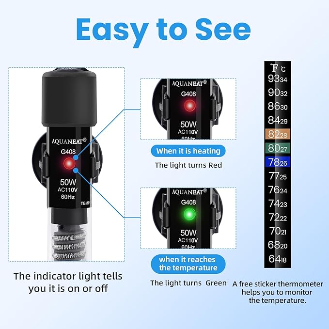 AQUANEAT Aquarium Heater, 50W Small Betta Fish Tank Heater, Mini Preset Water Thermostat with a Thermometer
