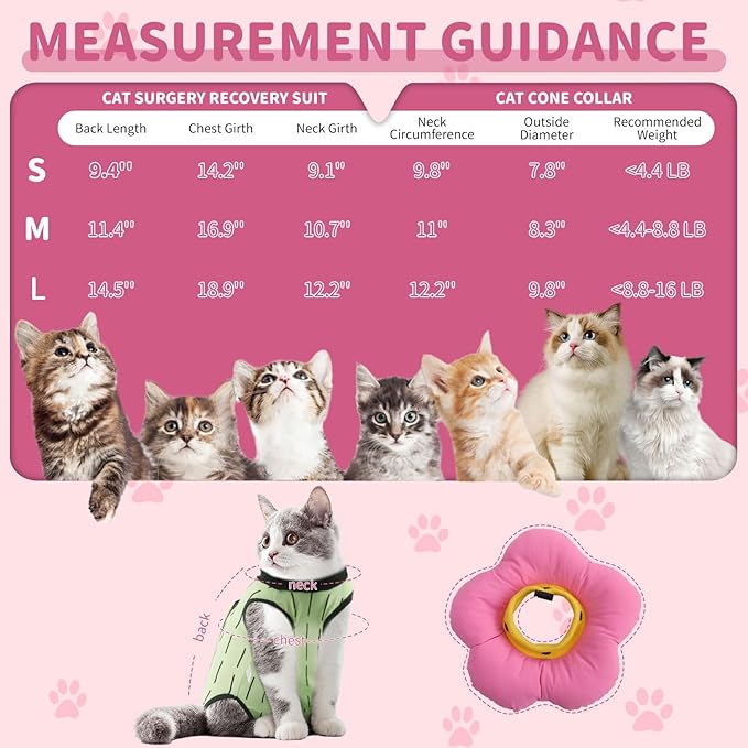 EMUST 2PCS Cat Recovery Suit and Cone Collar - Breathable Spay Suit, Adjustable Soft E Collar Alternative for Cats After Surgery - Green, L (8-16lb)