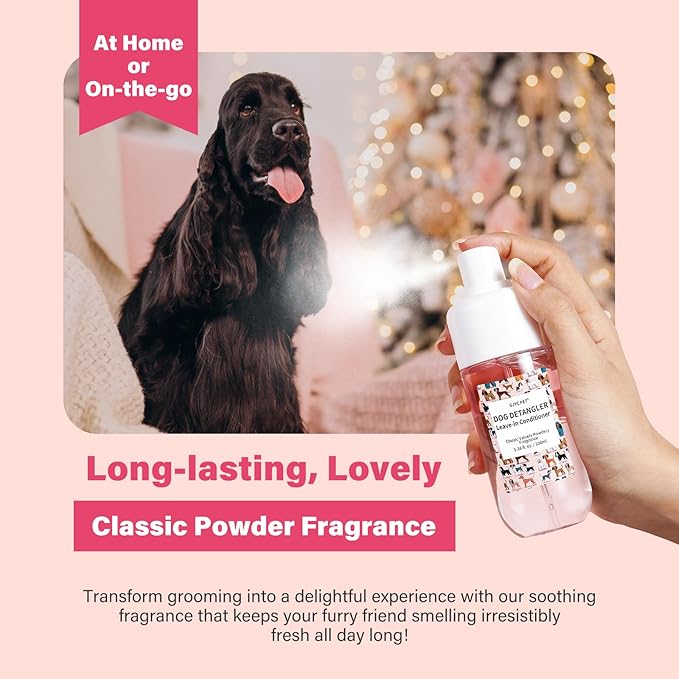Dog Detangler & Dematting Spray - Leave-in Conditioner, Classic Powdery Scent | Infused with Coconut Oil, Jojoba Oil, and Squalane for Easy, Tangle-Free Grooming - 3.38 fl. oz