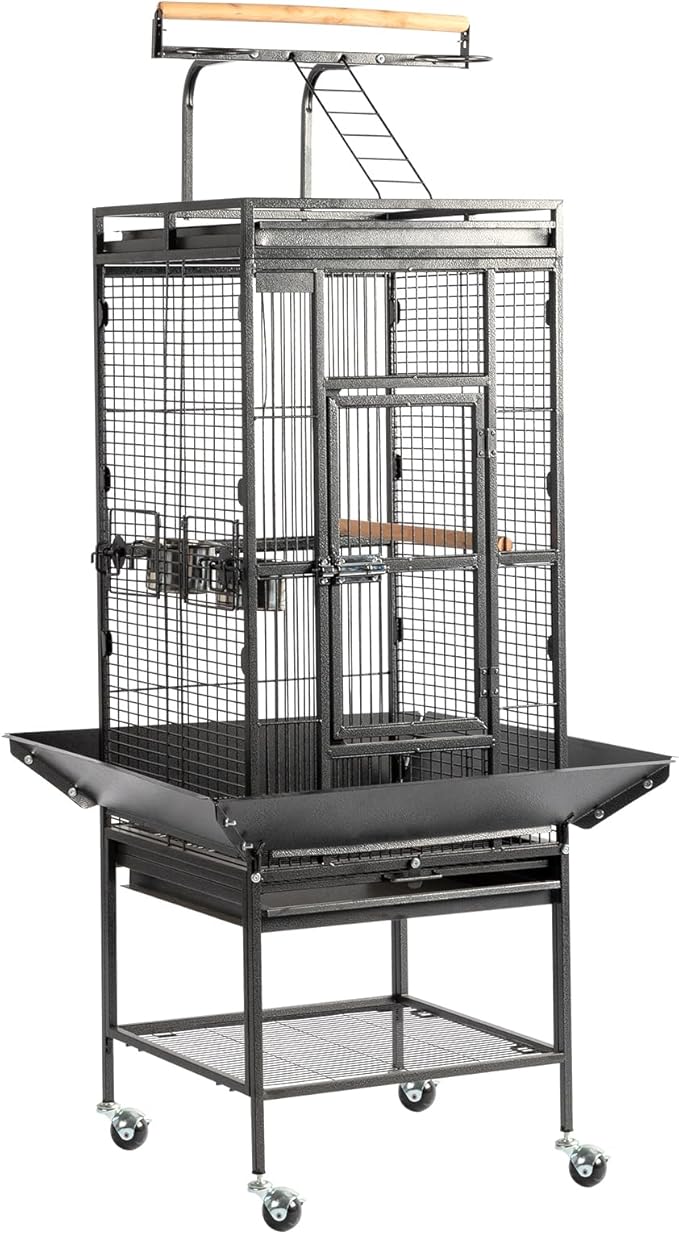 VINGLI 65-Inch Wrought Iron Bird Cage with Playtop | Durable Large Flight Cage with Ladder & Rolling Stand for Parrots, Cockatiels, Budgies, Lovebirds, Small/Medium Birds