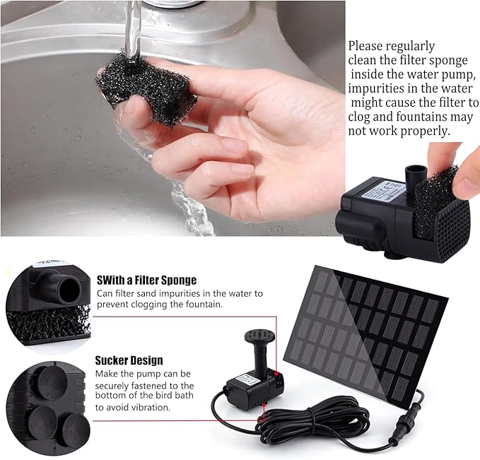Solar Fountain Pump for Bird Bath, with Separate Solar Panel, 2 W Upgraded Solar Water Pump with 3 M Long Cable & 4 Nozzles for Bird Bath, Outdoor Pond, Patio Garden and Fish Tank (Black)