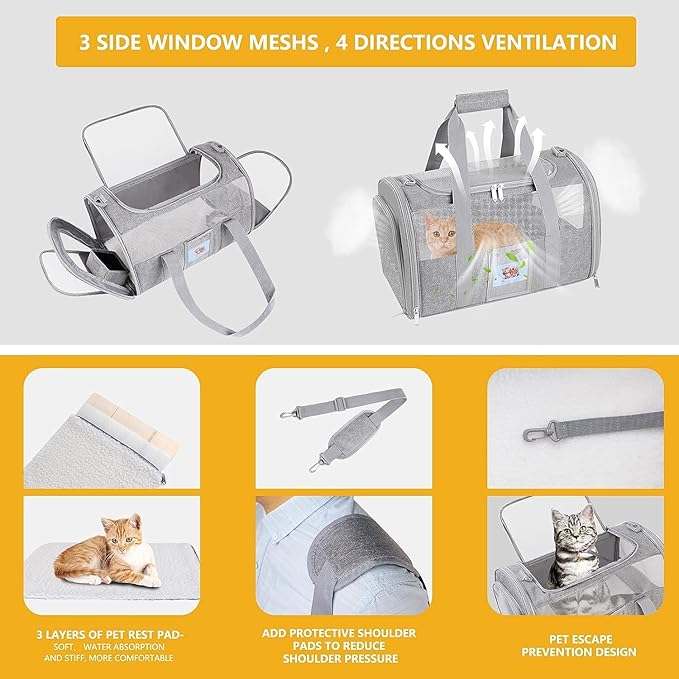 Airline Approved Cat Carrier, Soft-Sided Pet Travel Carrier for Cats and Small Dogs up to 15lbs, TSA Approved Under Seat Carrier with Collapsible Bowl, Grey