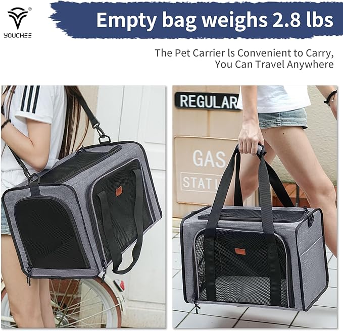 Cat Carrier Dog Carrier, Pet Travel Bag for Cats & Small Dogs up to 15 lbs, Washable Soft Sided Collapsible Airline Approved Puppy Carrier, 17.5"x12"x12. (Dark Gray)