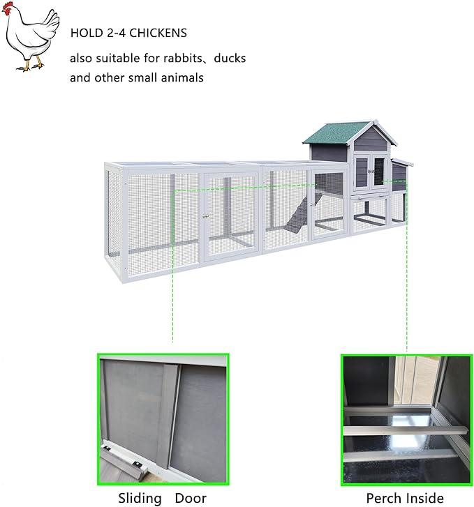 Gray Wooden Chicken Coop with Run and Nesting Box – Outdoor Hen House for 3–4 Chickens, Weatherproof Roof, Sliding Tray & Secure Predator-Proof Poultry Cage