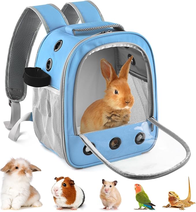 Guinea Pig Carrier Backpack, Portable Rabbit Travel Carring Bag for Pet Bunny Chinchilla Bearded Dragon Hamster Parrot Outgoing Pouch Case with Water Bottle Holder & Detachable Pad (Sky Blue)