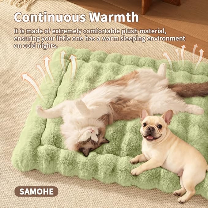 Cat Bed Plush Puppy Pad Mat with Non-Slip Bottom Faux Fur Kitten Beds for Carriers/Floor Dog Friendly 23 x 15 Inch Medium Green