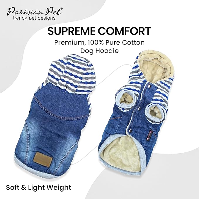 Parisian Pet Basic Dog Hoodie Lightweight Denim Striped Sweatshirt Pullover Hoodie for Dogs, Blue Cotton Clothes with Leash Hole and Pockets - XL