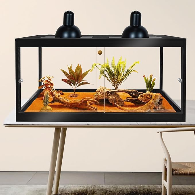 PROLEE Bearded Dragon Tank,60 Gallon Reptile Tank with Meatl Mesh Roof and Front Sliding Door, Lizard Tank,Spacious Reptile Enclosure for Snakes,Lguanas, Chameleons (Black)