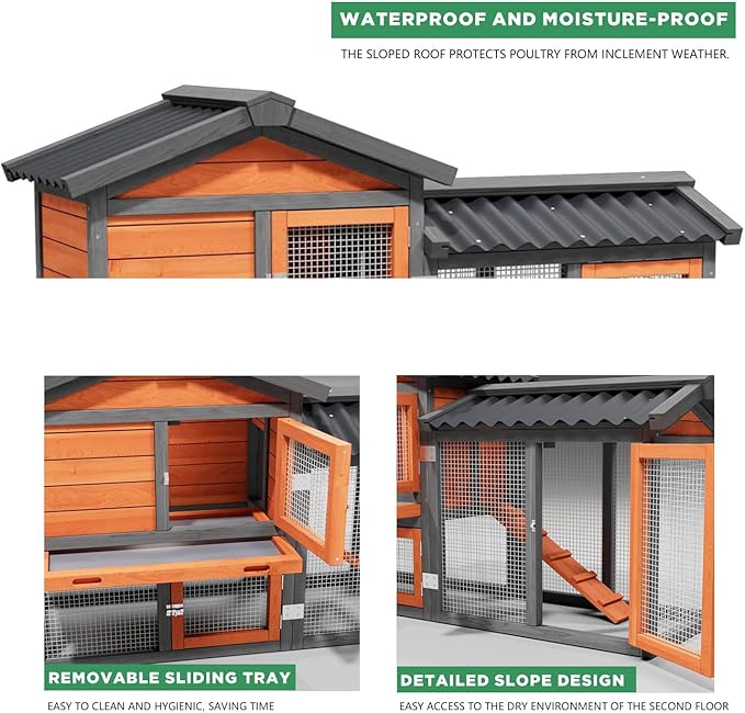 Chicken Coop, Chicken Run, Small Wooden Duck Coop Outdoor 2-Tier Hen House All Weather Used Poultry Quail Cage Rabbit Pet Hutch House with (Brown with Black)