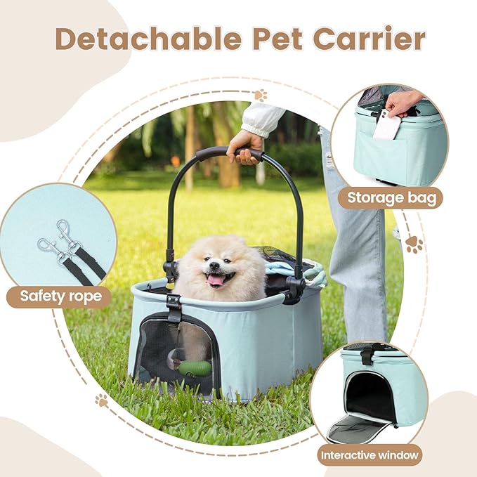 Wdyvko 3 in 1 Dog Stroller, Upgraded Frame, Up to 44lbs Pet Stroller with Dog Poop Bags & Dispenser, Zipperless Entry, Storage Basket & Pouch for Small Dogs Cats (Teal Blue)