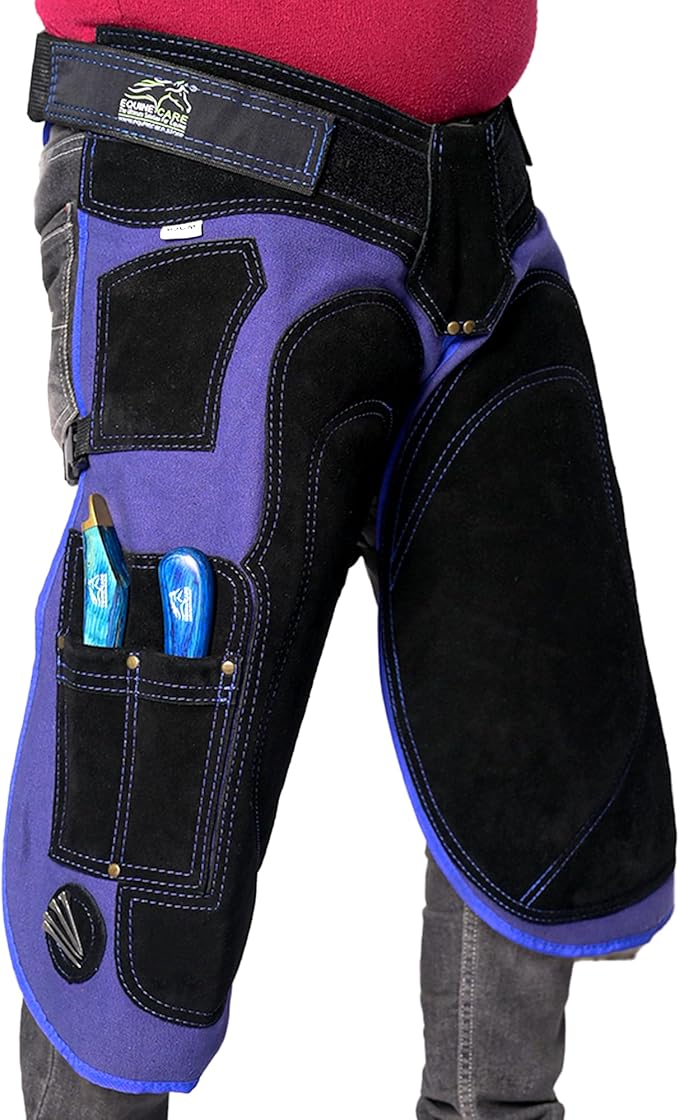 Equine Care Farrier Apron Chaps – 23" to 27" Cowhide Suede Leather & 500 GSM Canvas, Adjustable Waist 28"-52", Back Support, 4 Hoof Knife Pockets & 2 Nail Magnets. (23 inches (59 cm))