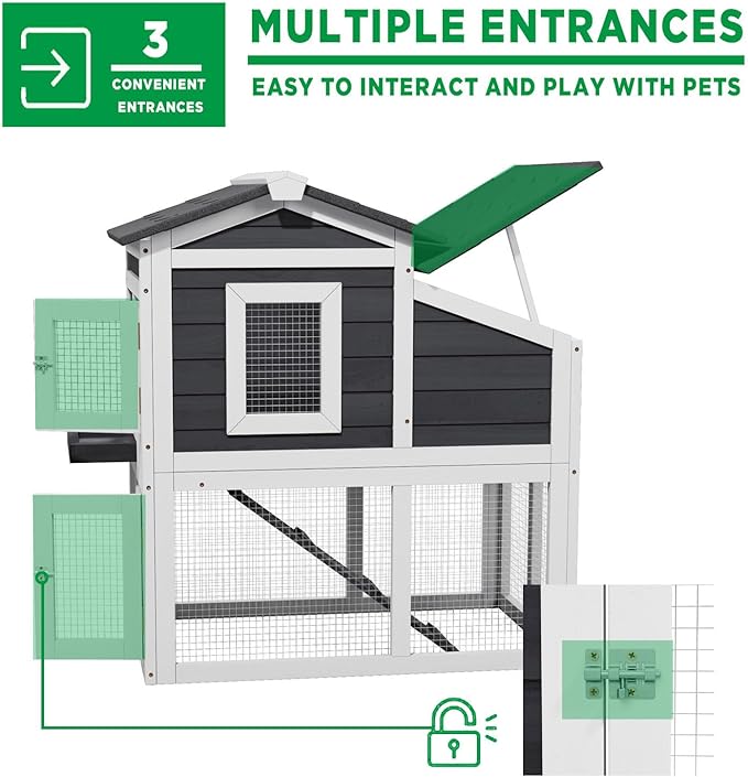 Chicken Coop Bunny Cage Outdoor with Waterproof Roof, Wooden Rabbit Hutch Poultry Cage with Nesting Box, Indoor Hen House Chicken Cage with Ramp for Garden Backyard