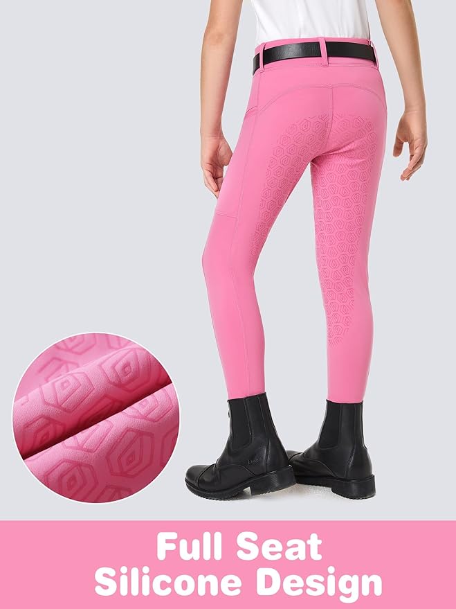 FitsT4 Sports Girls Riding Pants Full Seat Kids Equestrian Breeches Stretchy Youth Horse Schooling Tights Zipper Pockets