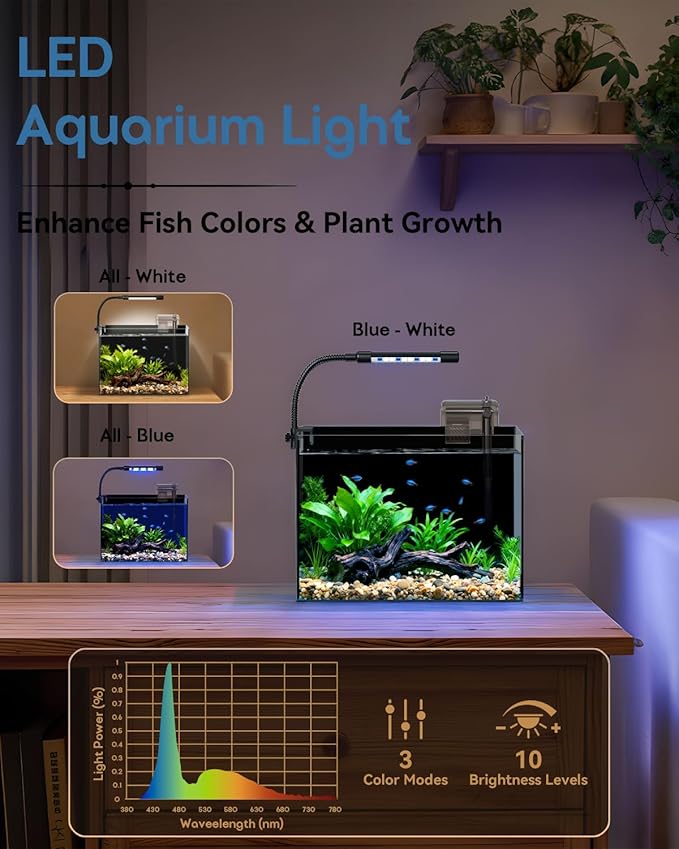 Glass Fish Tank Kit, 2.5 Gallon Betta Fish Tank Aquarium Starter Kit with Filter, Lights, Lid, for Betta, Goldfish, Small Fish or shrimg