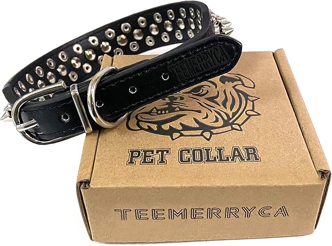 TEEMERRYCA Adjustable Microfiber Leather Spiked Studded Dog Collars with a Squeak Ball Gift for Small Medium Large Pets Like Cats/Pit Bull/Bulldog/Pugs/Husky, Black, XXL 19.7-22.4 inches