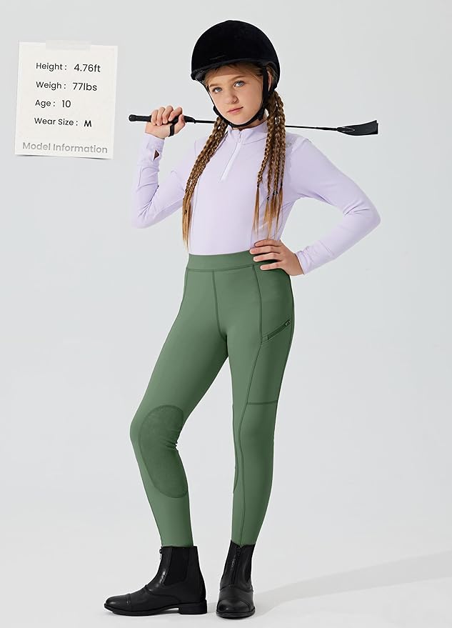 Willit Girls Horse Riding Pants Tights Kids Equestrian Breeches Knee-Patch Youth Schooling Tights Zipper Pockets