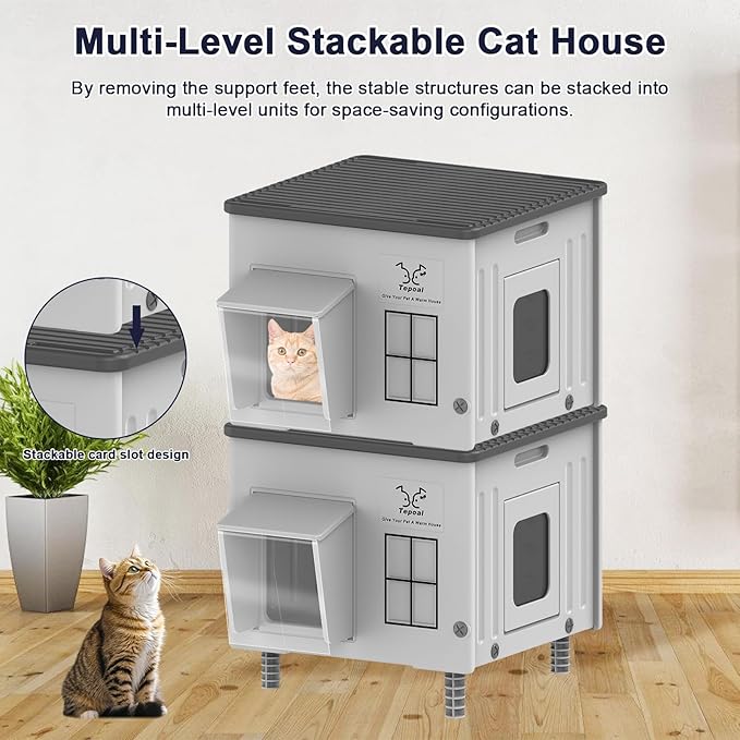 Tepoal Plastic Heated Cat House for Outside Winter, 100% Weatherproof & Insulated Outdoor Feral Cat Shelter with Safety Escape Door, Stackable Cat House with Heater for Barn Cat, Grey 17.7"x17"x17.5"