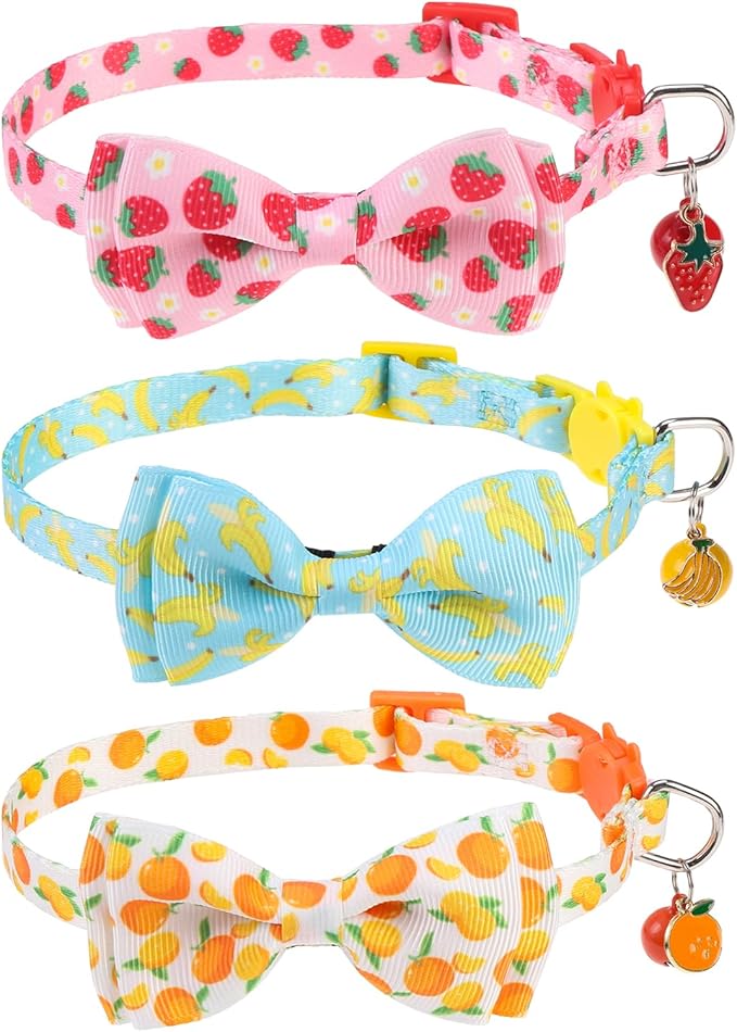 Breakaway Cat Collar with Removable Bow Tie and Bell, Cute Multi-Style Patterns, 3 Pack Safety Buckle Kitten Collars, Adjustable Pet Collar for Cats Puppy (Style B - Fruit)