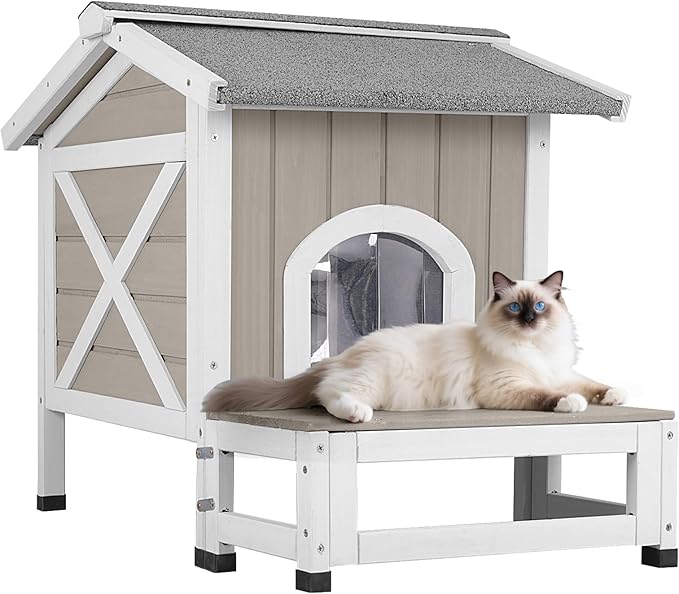 PetsCosset Outdoor Cat House Weatherproof with Balcony Feral Cat Shelter for Outside, Wooden Pet House with Openable Roof, Raised Base, Escape Door