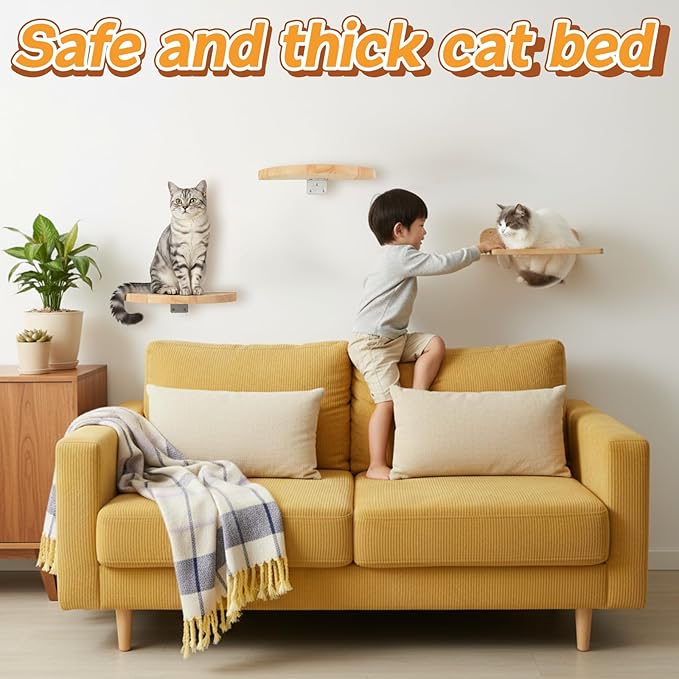3 Pcs Cat Wall Shelves Set, Thicken Wooden Transparent Capsule Kitten Shelves Bed with 2 Pcs Pedals, Cat Climbing Wall Furniture Set for Sleeping Playing Climbing - Easily Holds up to 35 Lbs