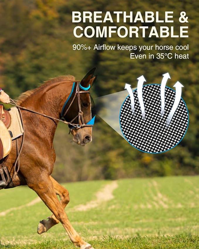Hilltown Adjustable Fly Mask for Horse with Ears - UV-Block, Large Eye Space, Breathable, Built to Last, Comfort Fit - Horse Fly Mask for Daily Stable, Hot Weather Riding & Competition - Cob, Blue