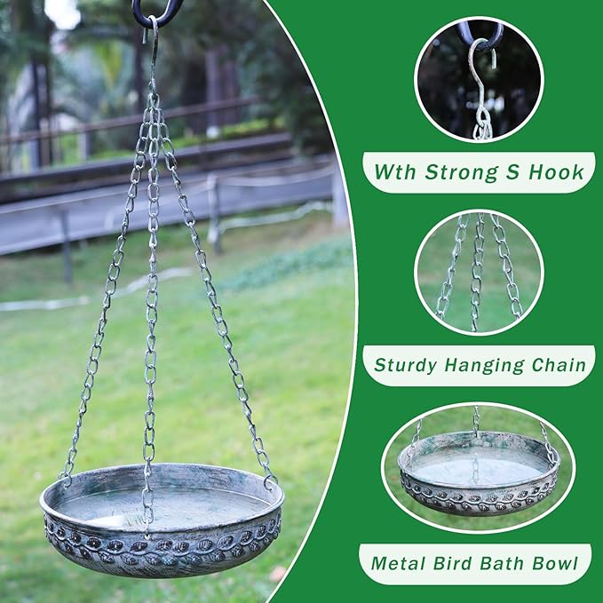 Hanging Bird Bath Hanging Bird Feeder - Metal BirdBath Bowl Birdfeeder Tray for Garden Backyard Patio and Deck-Retro Green