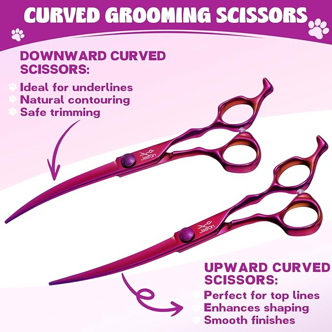 JASON Dog Grooming Scissors Set - Professional 6 in 1 Dog Shears Set - 7" Curved Thinner, 7" Straight, 7" Up-Curved, 7" Down-curved Scissors and Comb for Dog Cat Pet with Adjustable Screw