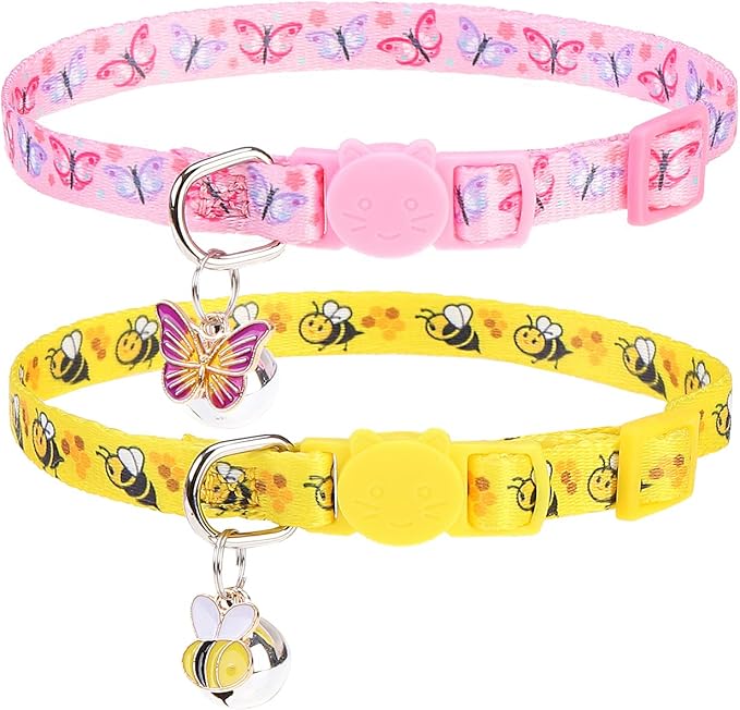 PUPTECK Breakaway Cute Cat Collar with Bell Charm, 2 Packs Adjustable Kitty Collars Animals Pattern, Pink&Yellow, 7.8-11.8 in