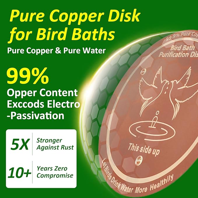 Bird Bath Copper Disk, 0.6mm Thick 99.99% Pure Copper Purification Disk with Triple-Point Support, Safe Physical Cleaning for Outdoor Birdbaths, Bowls, All-Season Universal Fit