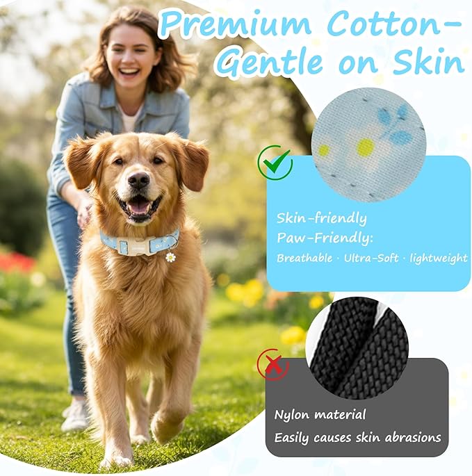 Dog Collar for Small Medium Large Dogs, Spring Blue Dog Collars with White Flowers, Adjustable Cotton Dog Collars, Cute Girl or Boy Dog Collar Ideal for Gifts,Pet Accessory,M