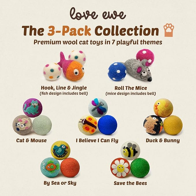 Hustle & Blush Love Ewe Felted Cat Toys 3 Pack - 2 Inch Cat & Mouse Hand Made Cute & Fun Design Kitten Wool Felt Balls for Indoor Play & Exercise - 100% New Zealand Handmade - Holiday Pet