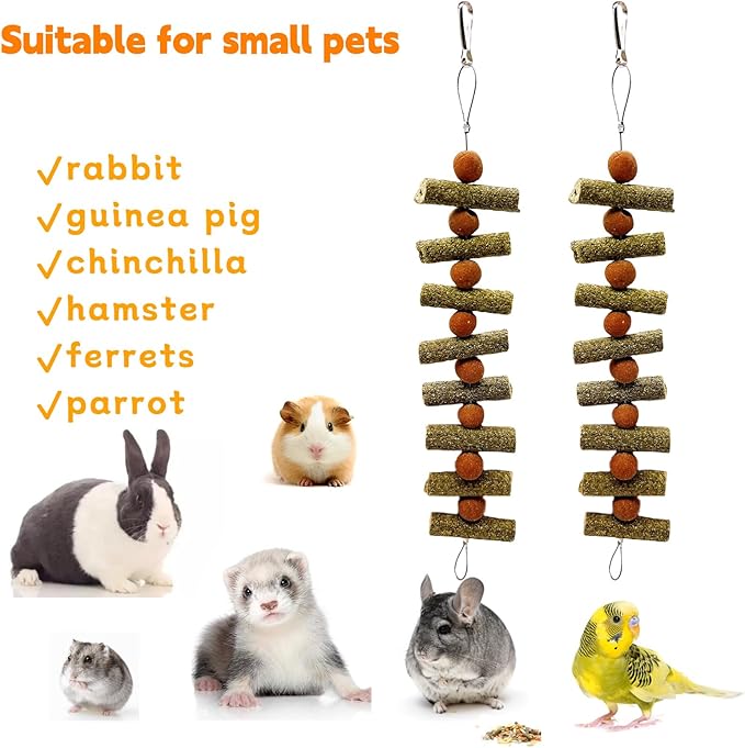 3Pcs Bunny Chew Toys for Teeth Bunny Hanging Grinding Cake Natural Sweet Bamboo Sticks Timothy Hay&Carrot Cake for Rabbit Guinea Pig Chinchilla Gerbil Improve Dental Health