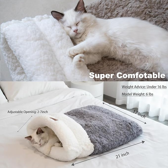 Cat Sleeping Bag 4 in 1 Cute Self Warming Cat Bed Cave with Plush Portable Snuggle Sack/Hideway for Indoor Cats & Small Pets Grey 21×17 Inch