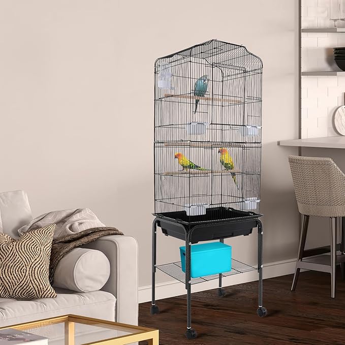 Large Bird Cage with Wheels Parrot Cages for Large Birds Iron Bird Cage with Stand Outdoor Birdcages with Tray, Feeding Bowls & Waterer Big Bird Cages for Parakeets, Lovebird & Pigeon (Black)
