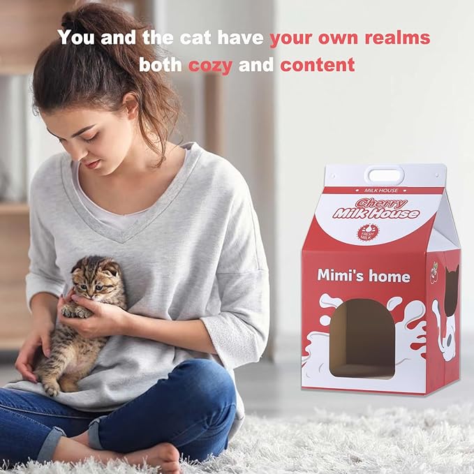 Cardboard Cat House with Scratcher - Red Cherry Carton Milk Box -13''L x 13''W x 22.5''H for Cats up to 16 Lbs - Portable Handle for Easy Transportation - Indoor Cat Playhouse & Hideaway
